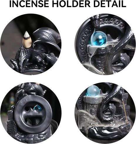 YYW Ceramic Backflow Incense Holder, Waterfall Incense Burner with 20 Backflow Incense Cones + 30 Incense Stick, Dragon Backflow Incense Burner for Aromatherapy Ornament Home Decor (Black) in Kuwait