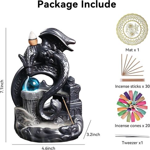 YYW Ceramic Backflow Incense Holder, Waterfall Incense Burner with 20 Backflow Incense Cones + 30 Incense Stick, Dragon Backflow Incense Burner for Aromatherapy Ornament Home Decor (Black) in Kuwait