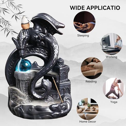 YYW Ceramic Backflow Incense Holder, Waterfall Incense Burner with 20 Backflow Incense Cones + 30 Incense Stick, Dragon Backflow Incense Burner for Aromatherapy Ornament Home Decor (Black) in Kuwait