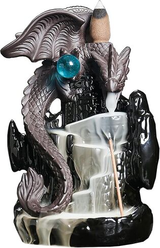 YYW Ceramic Backflow Incense Holder, Waterfall Incense Burner with 20 Backflow Incense Cones + 30 Incense Stick, Dragon Backflow Incense Burner for Aromatherapy Ornament Home Decor (Black) in Kuwait