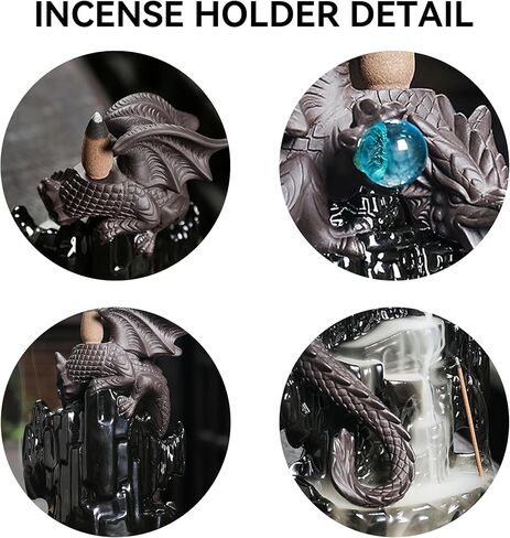 YYW Ceramic Backflow Incense Holder, Waterfall Incense Burner with 20 Backflow Incense Cones + 30 Incense Stick, Dragon Backflow Incense Burner for Aromatherapy Ornament Home Decor (Black) in Kuwait