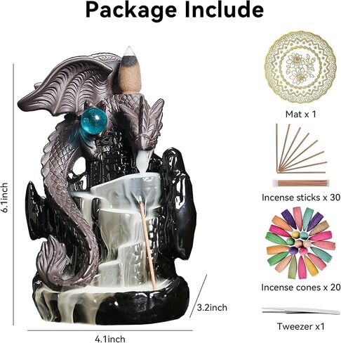 YYW Ceramic Backflow Incense Holder, Waterfall Incense Burner with 20 Backflow Incense Cones + 30 Incense Stick, Dragon Backflow Incense Burner for Aromatherapy Ornament Home Decor (Black) in Kuwait