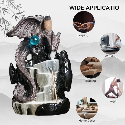 YYW Ceramic Backflow Incense Holder, Waterfall Incense Burner with 20 Backflow Incense Cones + 30 Incense Stick, Dragon Backflow Incense Burner for Aromatherapy Ornament Home Decor (Black) in Kuwait
