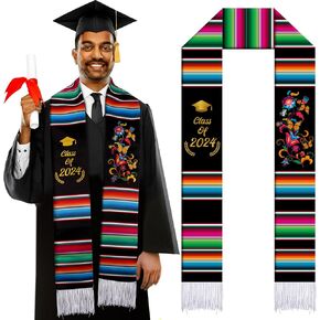 Grad Class of 2024 Mexican Graduation Stole Gift Hispanic Embroidery Mexican Graduation Sash 72'' Total Length Mexico Flag Serape Scarf with Flowers Butterflies for School Graduation's Day