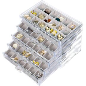 Earring Organizer, Acrylic Jewelry Box with 5 Drawers, Clear Velvet Earring Storage Display Case with 90 Compartments for Women Girls (Beige)