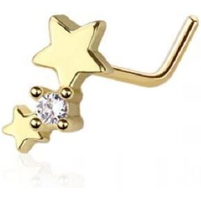 Pierced Owl 20GA 316L Stainless Steel Double Star with Center Gem L-Bend Nose Stud
