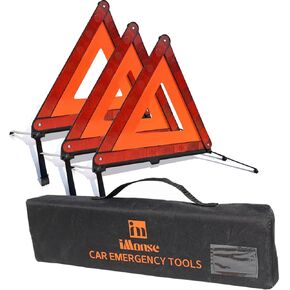 iMonse Warning Safety Triangle Kit, Emergency Roadside Warning Reflective Triangle 2 Packs with 1 LED Road Flare Light, Foldable with Storage Case for Roadside Breakdowns Emergencies