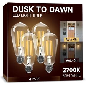 Dusk to Dawn Light Bulbs, Outdoor Light Bulbs, ST64 6W Equivalent 60W, 2700K Soft White, 600LM LED Outdoor Lighting, E26 Base, Photocell Sensor, Auto On/Off Bulb for Porch Patio Garage, 4 Pack