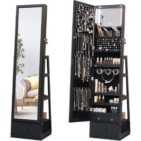 360° Swivel Full Length Mirror Jewelry Cabinet Standing With Built-In Mirror - 63.7"H Jewelry Armoire With Mirror & 3 Drawers, Lockable Storage Mirror With 3 Storage Racks (Black) in Kuwait