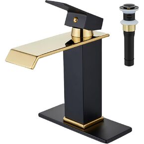 Waterfall Bathroom Faucets, Black & Shiny Gold Bathroom Sink Faucet，Modern Single Hole Single Handle Vanity Faucet for 1 or 3Hole with Metal Pop Up Drain and Supply Hoses