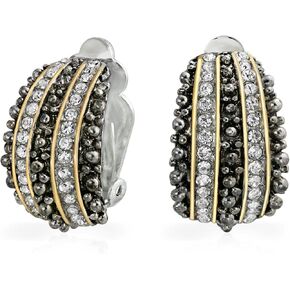 Geometric Swirl Two Tone Round Button Disc Clip On Earrings Non Pierced Ears Black Oxidized Sliver Gold Plated Brass