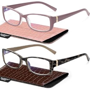 Madison Avenue 2 Pack Classic Blue Light Blocking Reading Glasses for Women, Vintage Anti Glare/Eyestrain Computer Readers