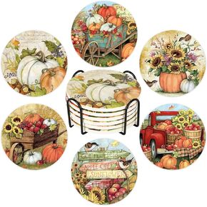Whaline 6Pcs Fall Ceramic Coasters with Holder Pumpkin Truck Sunflower Bucket Drink Coaster Retro Farmhouse Heat-Resistant Cup Mats for Autumn Thanksgiving Home Party Tabletop Decor