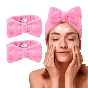عصابة رأس سبا للسيدات من Bliss - عبوتان من عصابة رأس للمكياج من الألياف الدقيقة مع فيونكة - عصابة شعر لغسل الوجه والوجه والعناية بالبشرة والاستحمام، أرجواني/أزرق