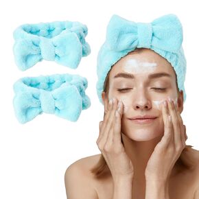Bliss Women's Spa Headband - 2 Pack Microfiber Makeup Headband with Bow - Hair Band for Washing Face, Facials, Skincare, Shower, Purple/Blue