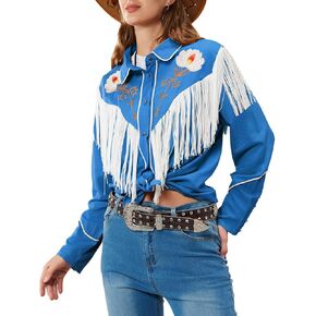 JOHN MOON Women's Floral Embroidered Fringe Western Shirts Rodeo Cowgirl Button Down Blouse Tops Country Style Outfits