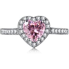 Halo Heart Engagement Rings for Women, 925 Sterling Silver 2CT Pink Cubic Zirconia Heart Wedding Ring Anniversary Valentine's Day Christmas Gifts for Her Wife Girlfriend