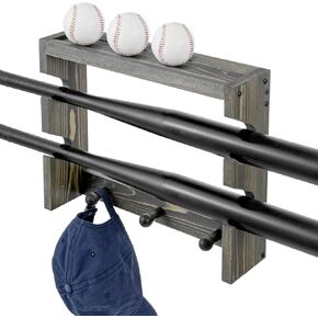 MyGift Wall Mounted Solid Wood Baseball Equipment Holder and Accessories Rack in Vintage Weathered Gray Finish, Baseball Bat and Ball Display Shelf with Hooks for Hanging Caps