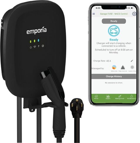 شاحن EMPORIA EV المستوى 2 مع CCS/J1772، شاحن سيارة كهربائي داخلي/خارجي 48 أمبير، قابس شاحن NEMA 14-50 EV أو سلك صلب، شاحن EVSE المستوى 2 مزود بتقنية UL/Energy Star WiFi، كابل 24 قدمًا - 240 فولت in Kuwait