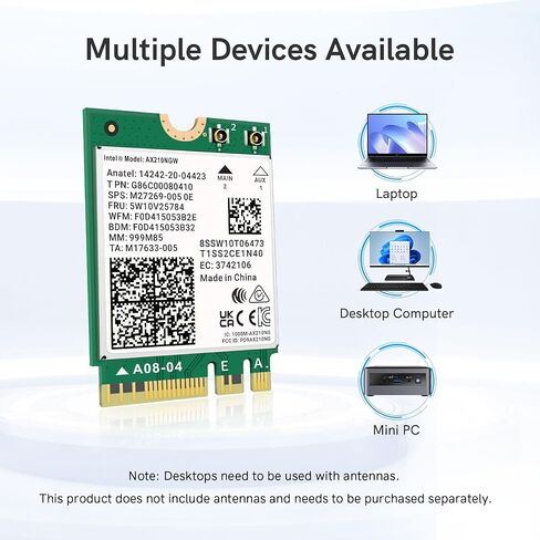 واي فاي 6E AX210NGW بطاقة واي فاي لاسلكية بلوتوث 5.3 محول شبكة داخلي ثلاثي الموجات لأجهزة الكمبيوتر المحمول يدعم ويندوز 10/11 (64 بت) M.2/NGFF in Saudi Arabia
