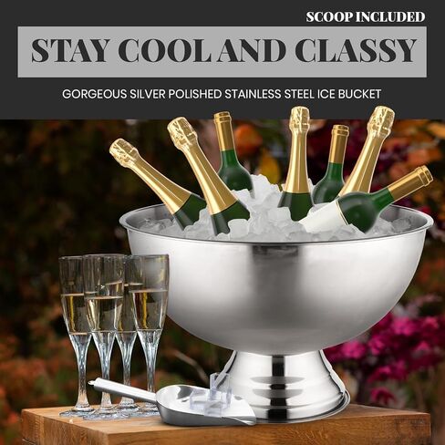 Premium Ice Bucket For Parties - Party Sized 12L Beverage Tub With Scoop - Silver Stainless Steel Ultimate Champagne Bucket For Celebrations- Insulated Punch Bowl -Large Ice Bucket For Drinks in Saudi Arabia
