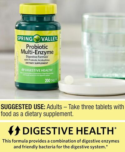 Probiotic Supplement with Digestive Enzymes for Men and Women, 200 Tablets - includes Acidophilus, and Prebiotics for Gut Health and Digestive Support | Spring Valley Probiotics Multi-Enzyme in Saudi Arabia