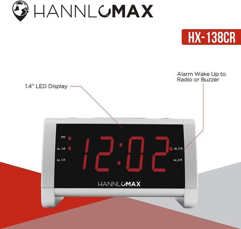 راديو منبه HANNLOMAX HX-138CR، راديو PLL AM/FM مع محطات محددة مسبقًا، شاشة LED خضراء 1.4 بوصة، منبه مزدوج، تشغيل التيار المتردد فقط. (أسود) in Kuwait