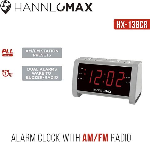 راديو منبه HANNLOMAX HX-138CR، راديو PLL AM/FM مع محطات محددة مسبقًا، شاشة LED خضراء 1.4 بوصة، منبه مزدوج، تشغيل التيار المتردد فقط. (أسود) in Kuwait