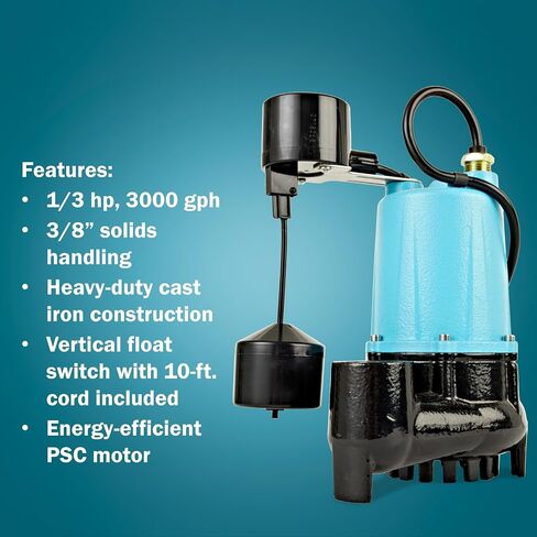 Little Giant BSC33V 1/3 حصان، 115 فولت، 3000 جيجا في الساعة مضخة مياه غاطسة أوتوماتيكية من الحديد الزهر مع مفتاح تعويم عمودي على شكل خنزير و10 قدم. حبل، أزرق، 506254 in Kuwait