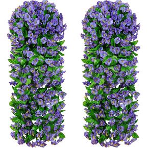 Dremisland Artificial Fake Hanging Flowers Plants for Outdoor 2PCS Faux Purple Morning Glory Trailing Vines UV Resistant Hanging Flowers for Outside Indoor Home Planter Porch Patio (Purple, 2PCS)