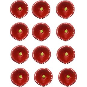 Diwali diya clay terracotta deepam for pooja Oil Lamp with cotton wicks Jyot deepak laxmi puja dewali decoration size- 2.1 inch pack of 12 Red