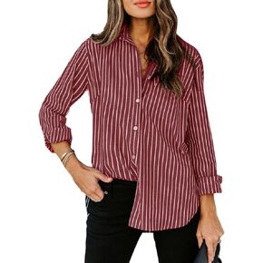 siliteelon Womens Button Down Shirts Cotton Striped Dress Shirt Long Sleeve Collared Office Work Blouses Tops - Green Striped L