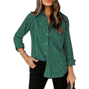 siliteelon Womens Button Down Shirts Cotton Striped Dress Shirt Long Sleeve Collared Office Work Blouses Tops - Green Striped L
