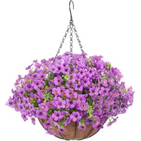 Artificial Hanging Flowers Basket, Fake Plants, Faux Silk Daisy Eucalyptus, for Spring Summer Outdoor Decoration, UV Resistant, Coconut Planter, Look Real for Patio Garden Yard Decor (Multicolor)
