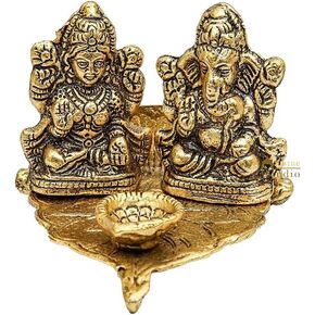 Lakshmi Ganesh Idols On Leaf with Diya Made of Metal Laxmi Ganesha Oil Lamp Statue Traditional Figurine for Home Office Temple Puja Decoration Diwali Housewarming Gift