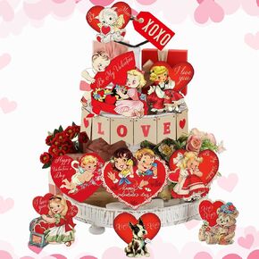 Nitial 16 Pcs Valentine's Day Tiered Tray Decor Rustic Valentine's Day Table Wooden Sign Decorations Retro Tiered Tray Decorations for Party Kitchen Holiday Table Farmhouse Home Houseroom Gift