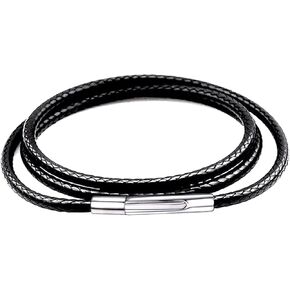Findout 2mm black Waterproof Braided Leather Necklace With Stainless Steel bayonet Clasp Unisex Wax Rope Chain Necklace For Men Women Girl Boy 14-36inch & Free Steel Silk Chain