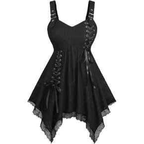 ROSE GAL Womens Plus Size Crinkle Lace-up Buckled Straps Lace Handkerchief Hem Tank Top