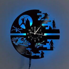 Londre Star Sci-Fi Warfare Film Theme Clock 12 Inch Birthday Gifts for Men, Vinyl Record Clocks Classic Home Decor Night Lamp 7-Color Luminous LED Wall Clock