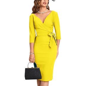 MUXXN Women's Vintage Faux Wrap V Neck 3/4 Sleeve Formal Classic Party Work Dress with Belt