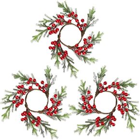 Rhytsing 3pcs Artificial Fall Candle Rings for Pillar Candles with Autumn Leaves and Orange Berry, Orange Wreaths for Candlesticks Holders, Dining Table Centerpiece, Inner Diameter: 3.5"