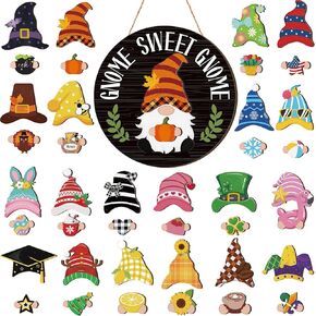 Wenqik 41 Pcs Interchangeable Gnome Door Signs Wooden Seasonal Gnome Decor for Front Door Detachable Magnet Hat and Hand Gnome Welcome Sign for Holiday Home Decoration(Wood Color)