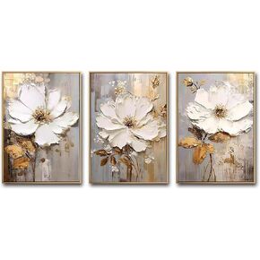 3 Pcs Gold Flower Canvas Wall Art for Living Room,Framed Modern Wall Decor,Floral Oil Painting Wall Decorations,Textured Wall Art Paintings Abstract Artwork Hang for Bedroom Home Office Décor set 16"x36"