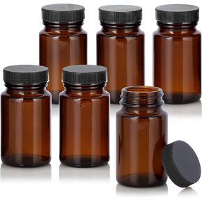 JUVITUS 2.5 oz / 75 ml Amber Glass Packer Bottle with Black Ribbed Lid (6 pack)