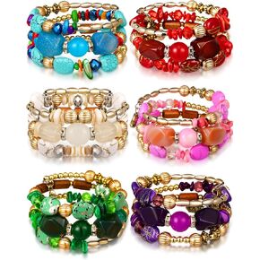 Misdary 6 Pcs Boho Multilayer Irregular Agate Beads Charm Bracelets Vintage Yoga Turquoise Bangles Boho Jewelry for Women