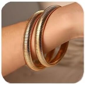 Gold Bangle Bracelets for Women 18K Gold Plated Stainless Steel Chunky Stretchy Bracelets Set Flexible Wide Wristband Layered Snake Chain Bracelets Jewelry Gifts for Women