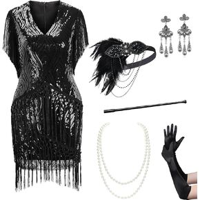 BABEYOND 1920s Flapper Dress Set Long Fringed Gatsby Dress Set Roaring 20s Sequins Beaded Dress with Accessories Set Black