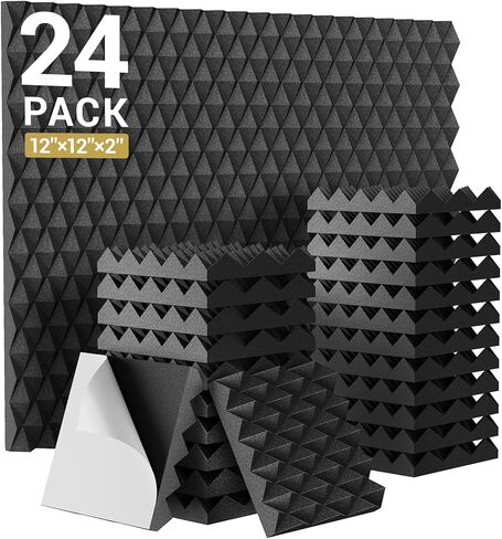 TONOR 24 حزمة من ألواح الرغوة الصوتية، 2 * 12 * 12 بوصة ذاتية اللصق ثلاثية الأبعاد مصممة على شكل هرم لامتصاص الأصداء، توسيع سريع، رغاوي ممتصة للصوت مناسبة للمنزل والاستوديو، أسود in Kuwait