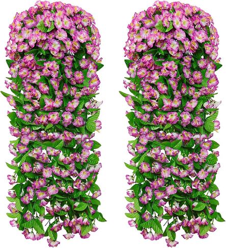 Dremisland Artificial Fake Hanging Flowers Plants for Outdoor 2PCS Faux Purple Morning Glory Trailing Vines UV Resistant Hanging Flowers for Outside Indoor Home Planter Porch Patio (Purple, 2PCS) in Saudi Arabia