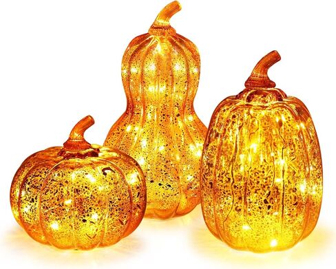 DECORKEY Fall Decorations for Home, Set of 3 Glass Pumpkin with LED Lights Thanksgiving Table Decor, Timer Lighted Pumpkin Decorations for Indoor Fall Mantel Decorating (Orange) in Kuwait